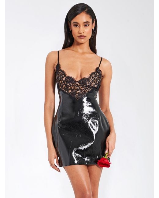 Miss Circle New York Black Shelby Vegan Leather With Lace Mini Dress