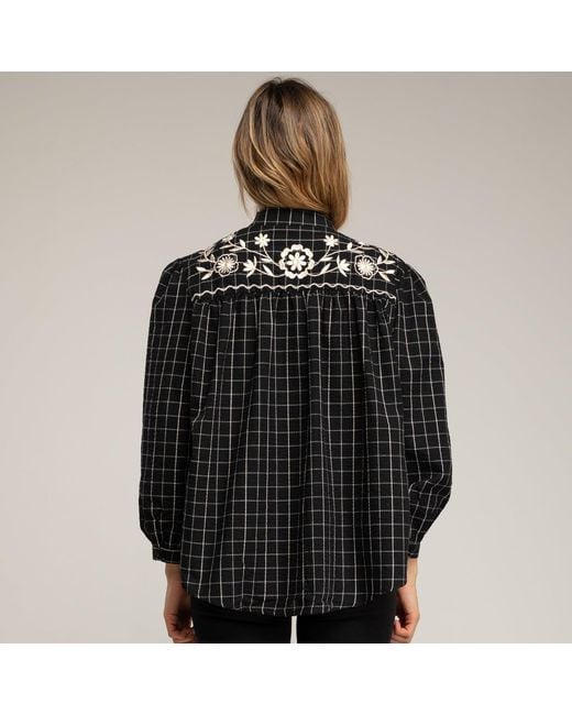 Tantra Spain Sl Black Checkered Shirt With Mandarin Collar And Embroidery On The Shoulder And Back