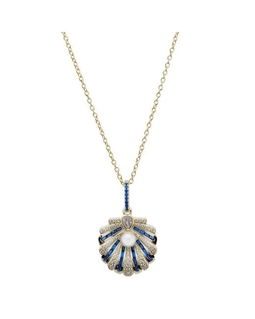 Latelita London Metallic Art Deco Scallop Shell Pendant Necklace Sapphire With Pearl