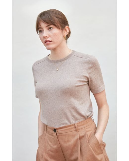 Paul James Knitwear Gray Neutrals Ultra Fine Cotton Cassie Saddle Shoulder Knitted T-Shirt