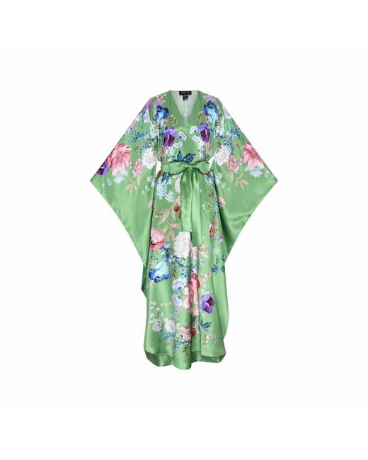 Meng Green Paris Watercolour Flowers Silk Satin Wrap Dress
