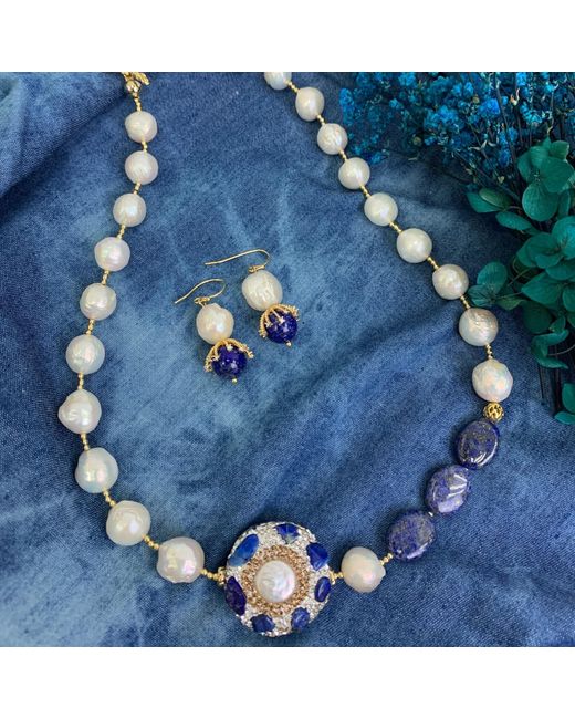 Farra Blue Irregular Pearls With Lapis Rhinestone Short Necklace