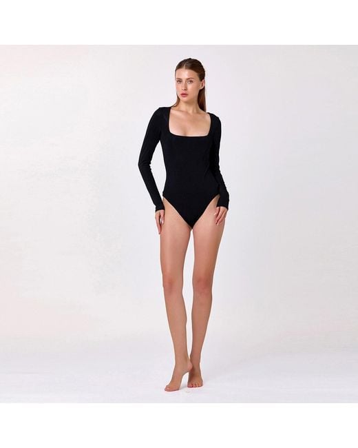 Smart and Joy Black Square Necklinbe Bodysuit