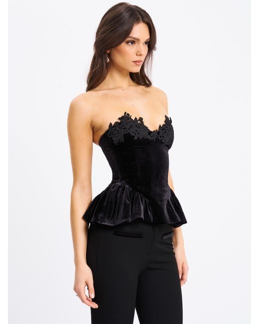Miss Circle New York Black Qiara Velvet Peplum Top With Lace Trim