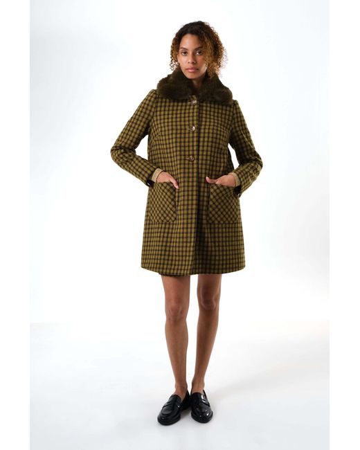 Louche Green Dryden Wyoming Check Faux Fur Collar Coat