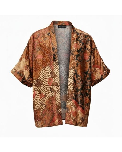 ORIGIN OF HEARTS Brown Tarua Floral Print Resort Satin Kimono Shirt for men