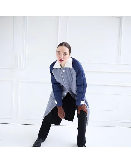 London Atelier Byproduct Blue Patchwork Colour Block Quilt Long Jacket