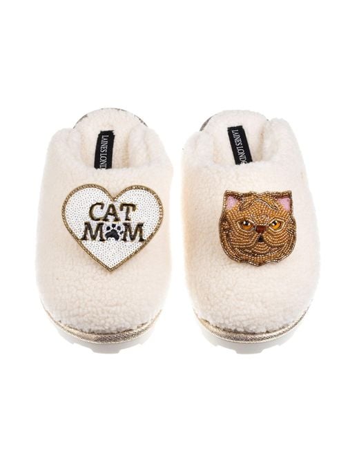 Laines London Metallic Neutrals Teddy Closed Toe Slippers With Cat Mum/Mom & Ginger Persian Cat Brooches
