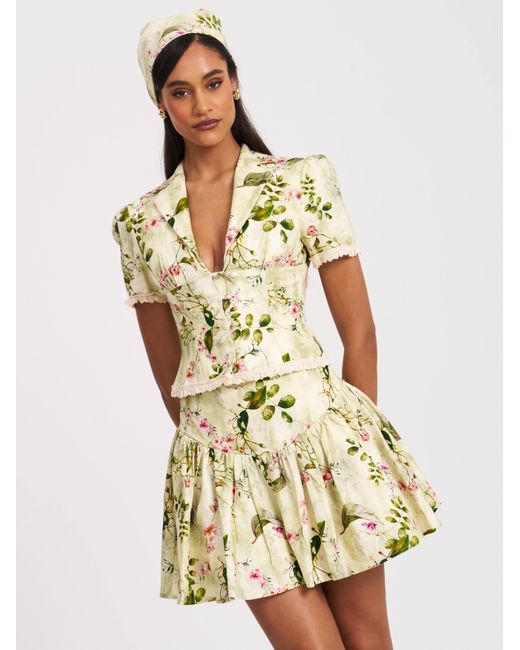 Miss Circle New York Green Zanella Floral Print Lace Trim Linen Top