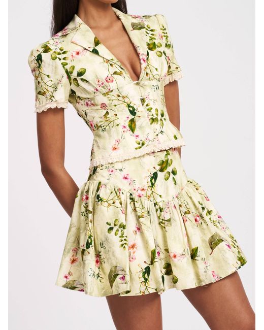Miss Circle New York Green Zanella Floral Print Lace Trim Linen Top