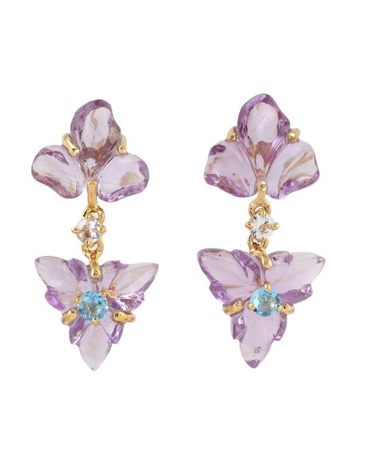 Artisan Purple Carved Amethyst & Blue Topaz With White Sapphire In 18k Gold Asymmetrical Dangle Earring