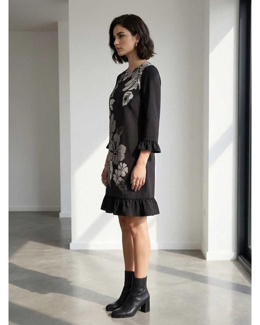 Conquista Black Floral Print Shift Dress With Ruffle Details