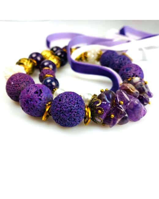 Bellus Domina Multicolor Purple Lava Stone And Amethyst Gala Necklace