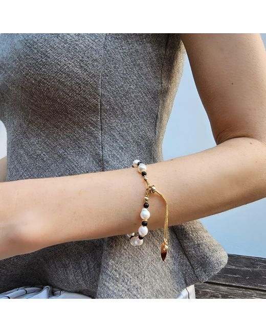 Farra Black Freshwater Pearls With Obsidian Adjustable Bracelet
