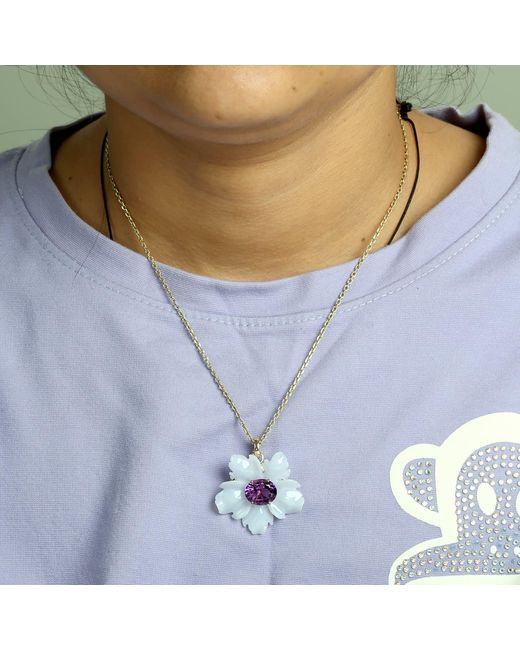 Artisan Blue 14K Carved Chalcedony & Amethyst Flower Pendant