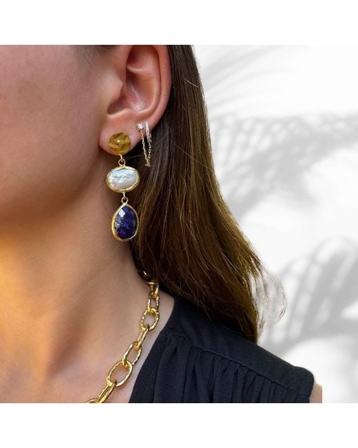 Ebru Jewelry Blue Vintage Style Pearl & Sapphire Gemstone Gold Earrings