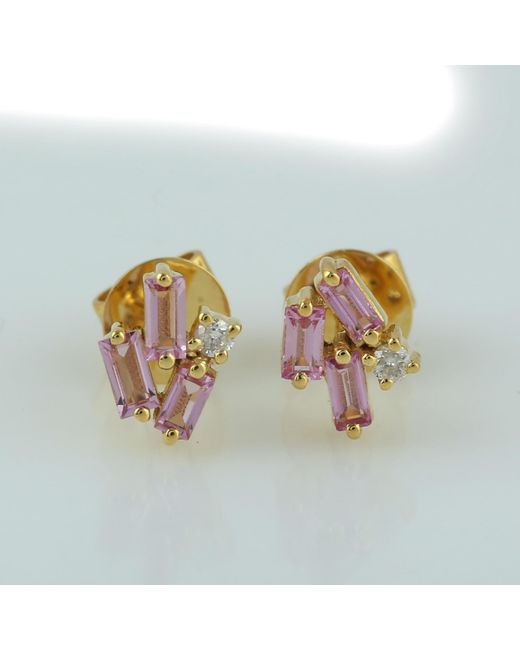 Artisan Yellow Pink Baguette Sapphire Gemstone & Diamond Prong In 18k Gold Stud Earrings