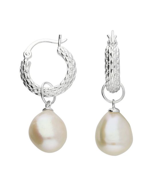 Harfi Metallic Elegant Sterling Basket Weave Hoop Earrings With Freshwater Pearl Charm
