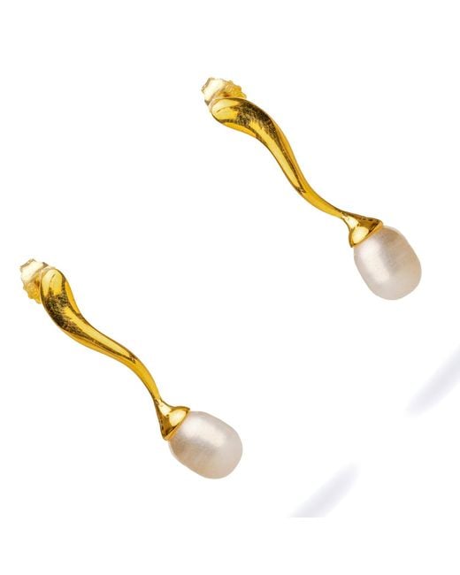 Ebru Jewelry Metallic Wave Vermeil Pearl Drop Statement Earrings