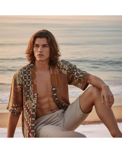 ORIGIN OF HEARTS Brown Marei Floral Print Satin Kimono Shirt For Resort Living for men