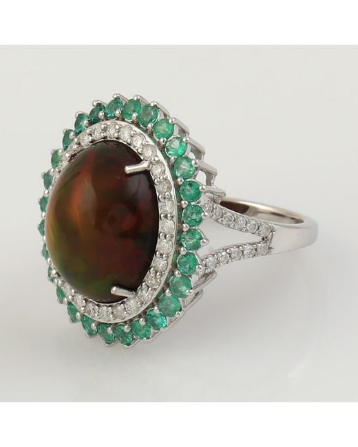 Artisan Green 18k White Gold In Oval Cut Opal & Emerald Pave Diamond Vintage Cocktail Ring