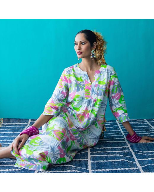 NoLoGo-chic Green Fern Leaf Maxi Dress Linen Multi