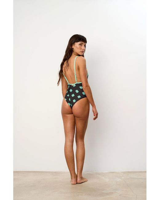 Par Y Escala Sl Green Agus Print Beaded Strap One-Piece Swimsuit