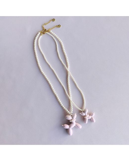 POPORCELAIN Pink Sweet Porcelain Balloon Doggie Pearl Necklace