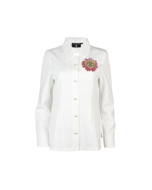 Laines London White Laines Couture Shirt With Embellished Pink Flower Eye Shirt