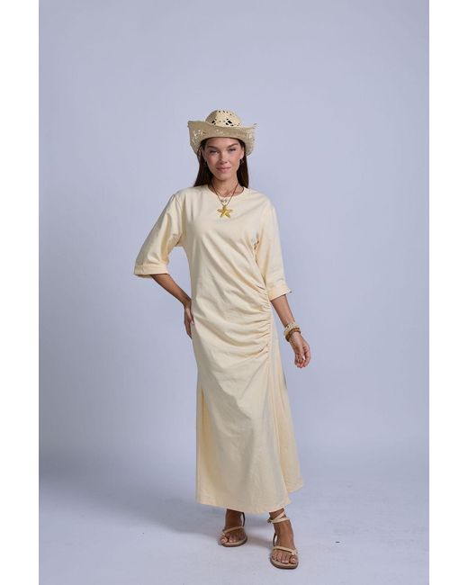 Rave on Trend Yellow Ruched Cotton T-Shirt Dress
