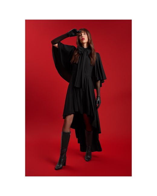 Femponiq Black Bow Tie Neck Cape Sleeve Maxi Dress