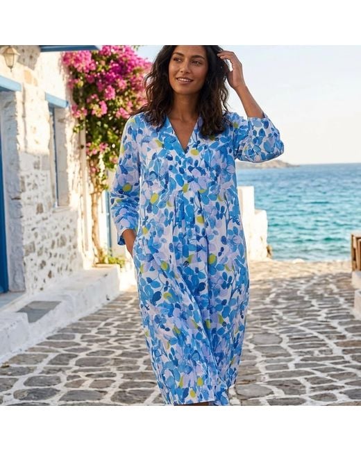 NoLoGo-chic Blue Plum Print Picot Midi Dress Linen Multi