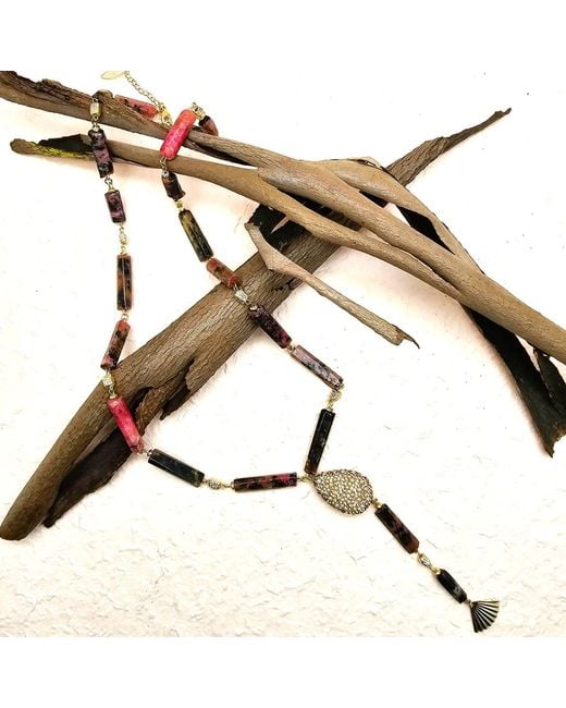 Farra Metallic Elegant Y-Shaped Rhodonite Necklace With Tassel Accents