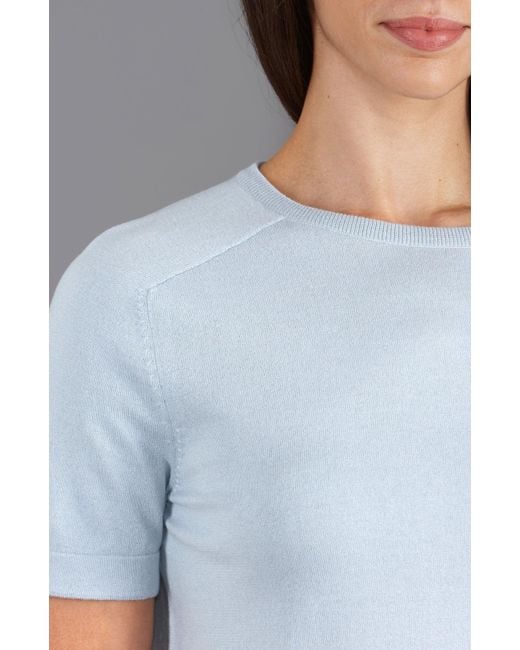 Paul James Knitwear Blue Ultra Fine Cotton Cassie Saddle Shoulder Knitted T-Shirt