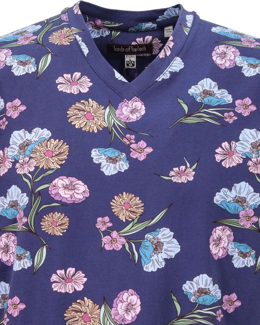 Lords of Harlech Blue Maze Spaced Floral V-Neck Tee for men