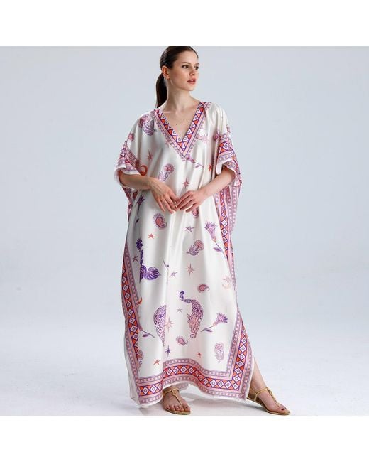 LOVEIST STORE Purple Morrocco Statement Print Silky Satin Kaftan Dress