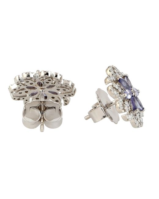 Artisan Metallic Solid White Gold Natural Diamond Tanzanite Stud Earrings Handmade Jewelry