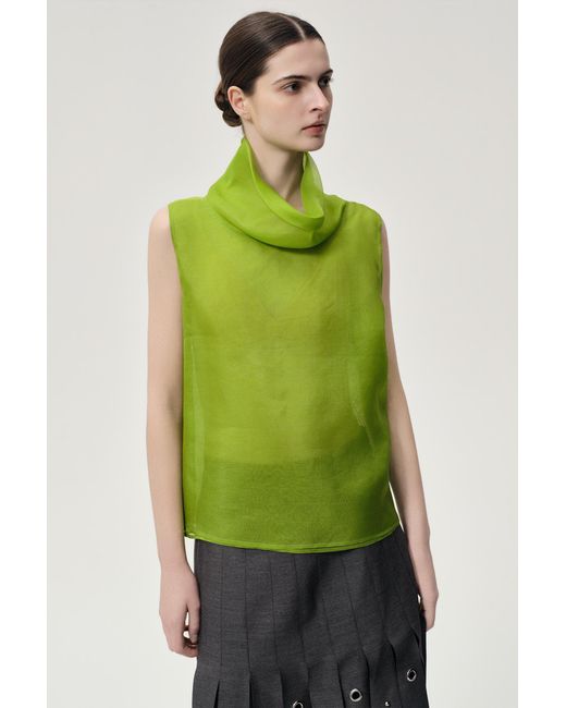 FRONT ROW SHOP Green Silk Organza Turtleneck Top