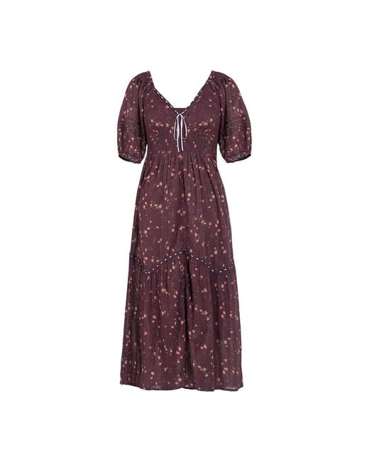 Rose & Nancy Purple Eloise Burgundy Floral Cotton Crinkle Midi Dress