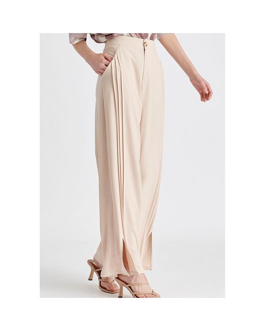 Paisie Natural Neutrals Wide Leg Trousers With Side Pleats And Split Hem