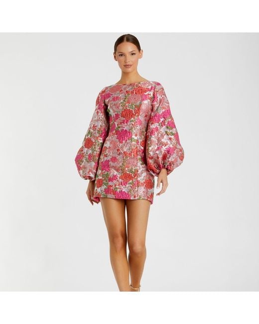 Mac Duggal Red Brocade Balloon Sleeve Fitted Mini Dress
