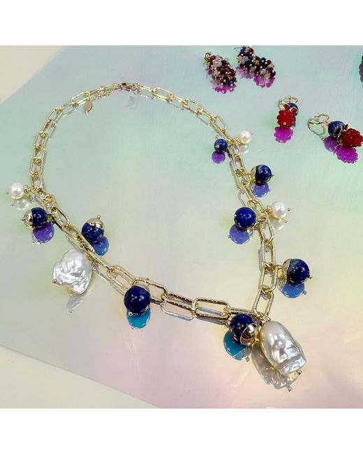 Farra Metallic Chain With Baroque Pearls And Lapis Charms Necklace