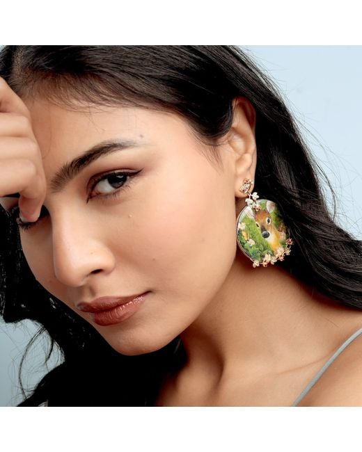Artisan Green Bakelite Deer Earrings With Amethyst, Garnet & Diamond