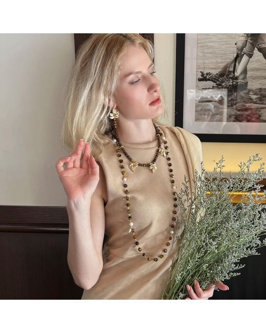 Farra Metallic Tiger Eye With Freshwater Pearls Long Station Necklace