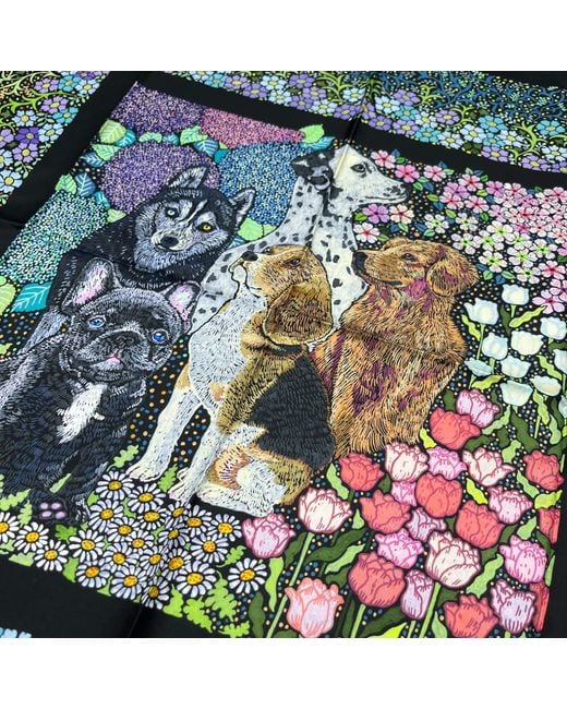 Wenzi Multicolor Whiskered Court The Canine Chapter Hand Painted Pattern Silk Twill Scarf