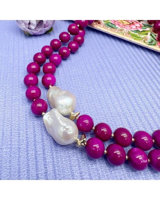 Farra Pink Magenta Gemstones With Baroque Pearls Double Layers Necklace