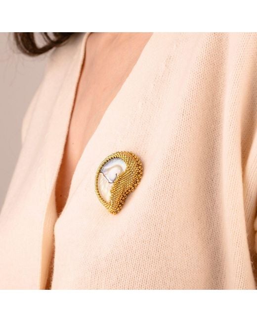 Oana Savu Metallic Hand Beaded Nautilus Shell Goddess Brooch Sterling Pin