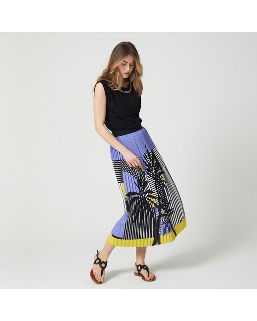 Lalipop Design Blue Stripe And Palm Print Pleated Recycled Fabric Maxi Skirt