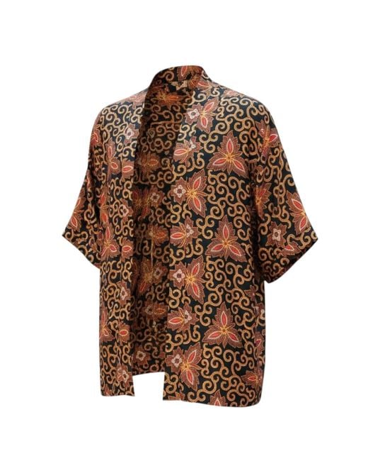 ORIGIN OF HEARTS Brown Reba Floral Summer Festival Satin Kimono Shirt for men