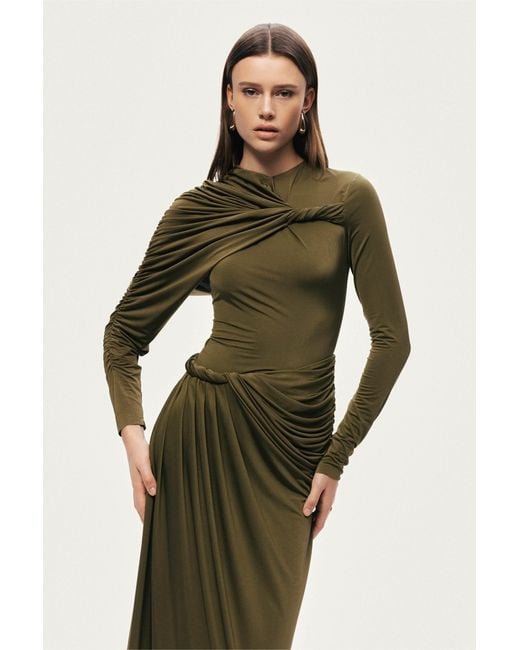 Nocturne Green Neutrals Draped Long Sleeve Maxi Dress